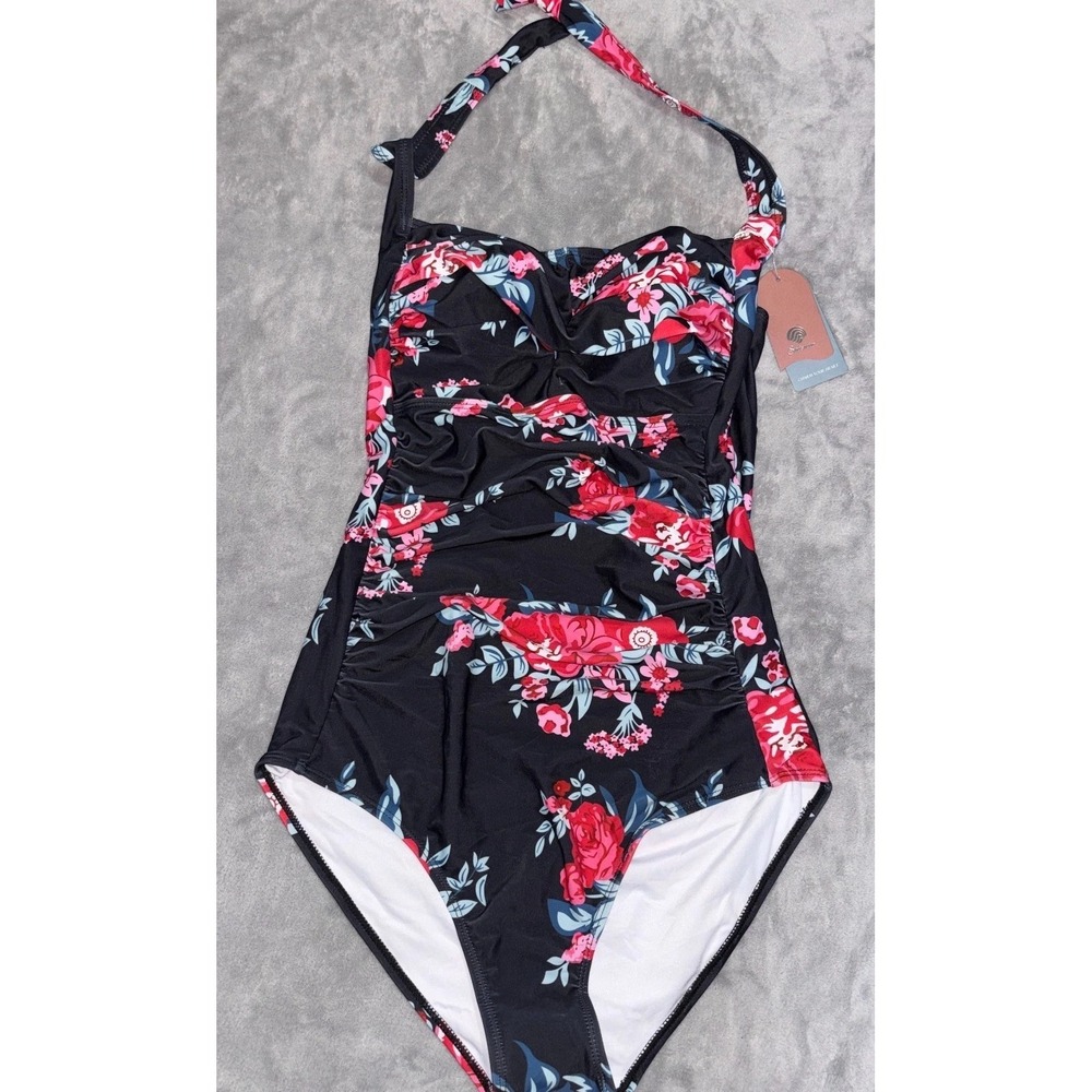 Smismivo Halter One Piece Swimsuit Womens M Black Floral Ruched Tummy Control